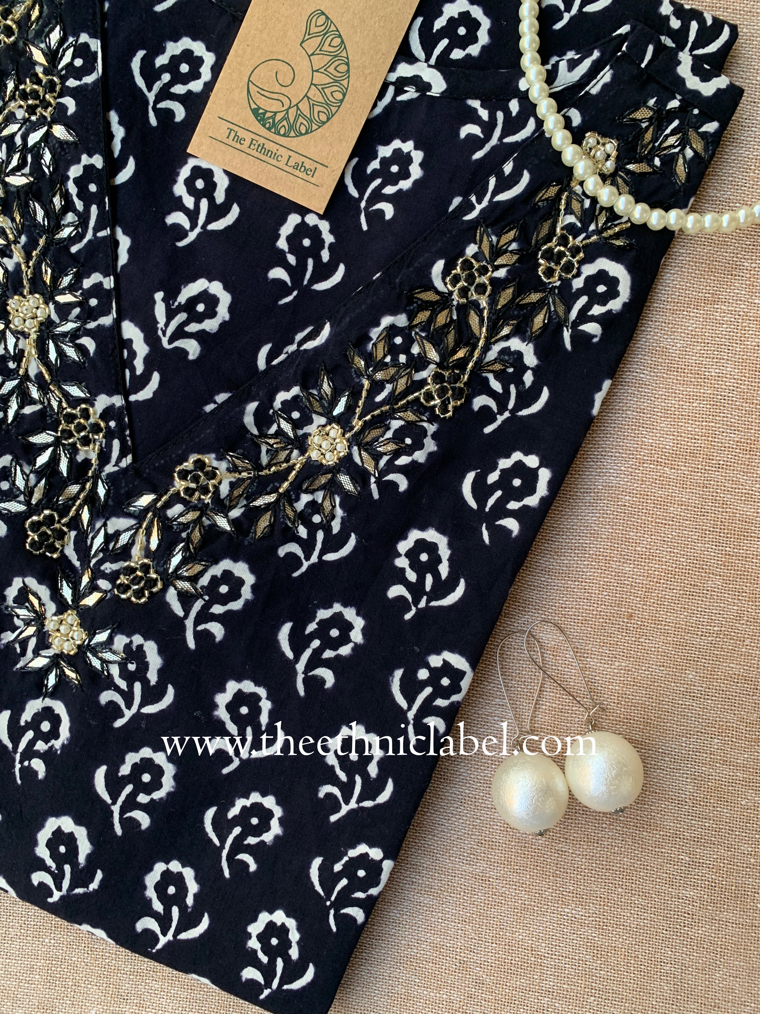 "Udita" Hand Embroidered Block Printed Cotton kurta