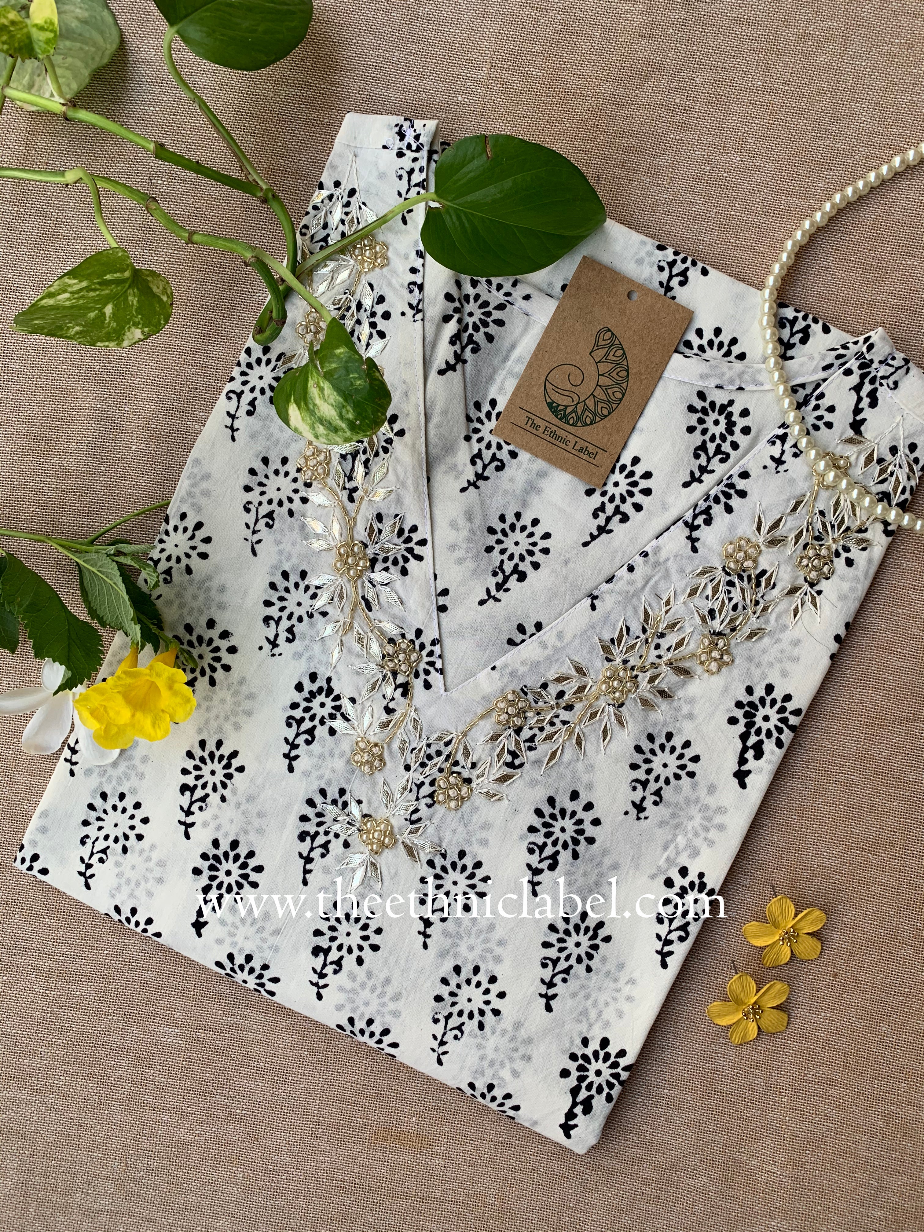 "Rashmi" Hand Embroidered Block Printed Cotton kurta