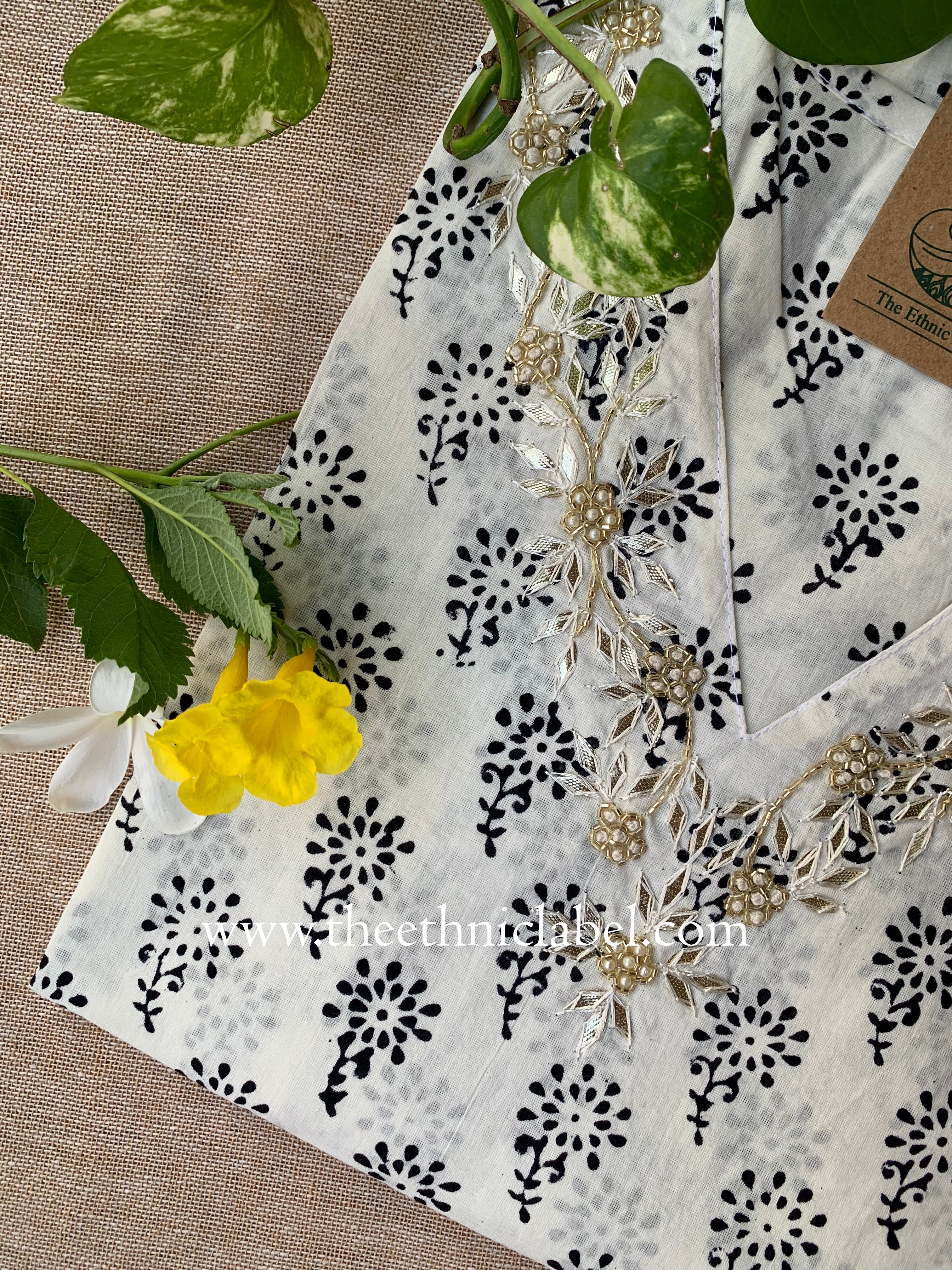 "Rashmi" Hand Embroidered Block Printed Cotton kurta