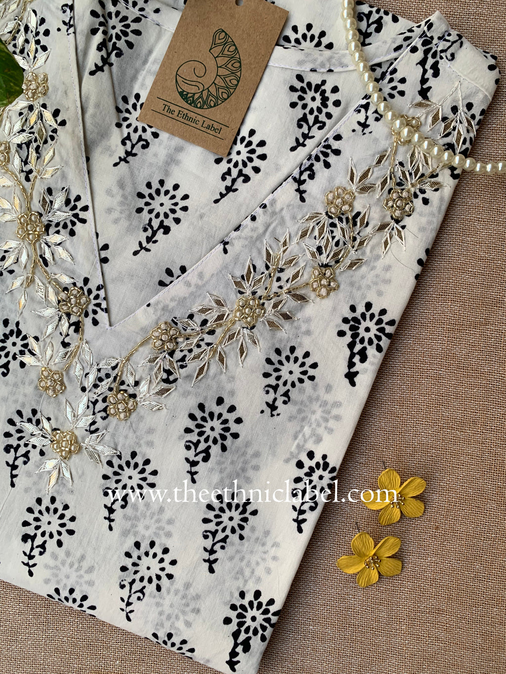 "Rashmi" Hand Embroidered Block Printed Cotton kurta