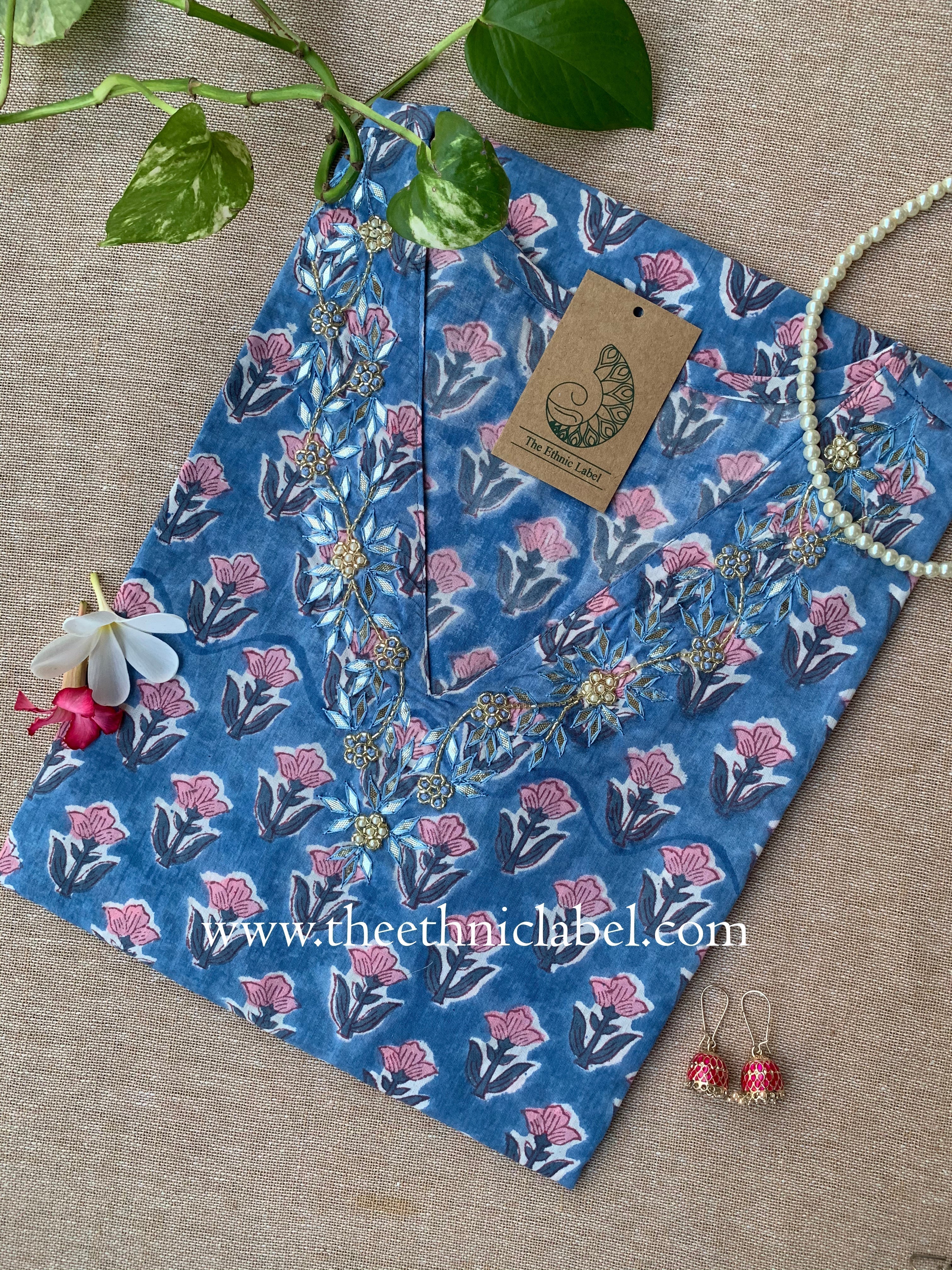 "Jinal" Hand Embroidered Block Printed Cotton kurta