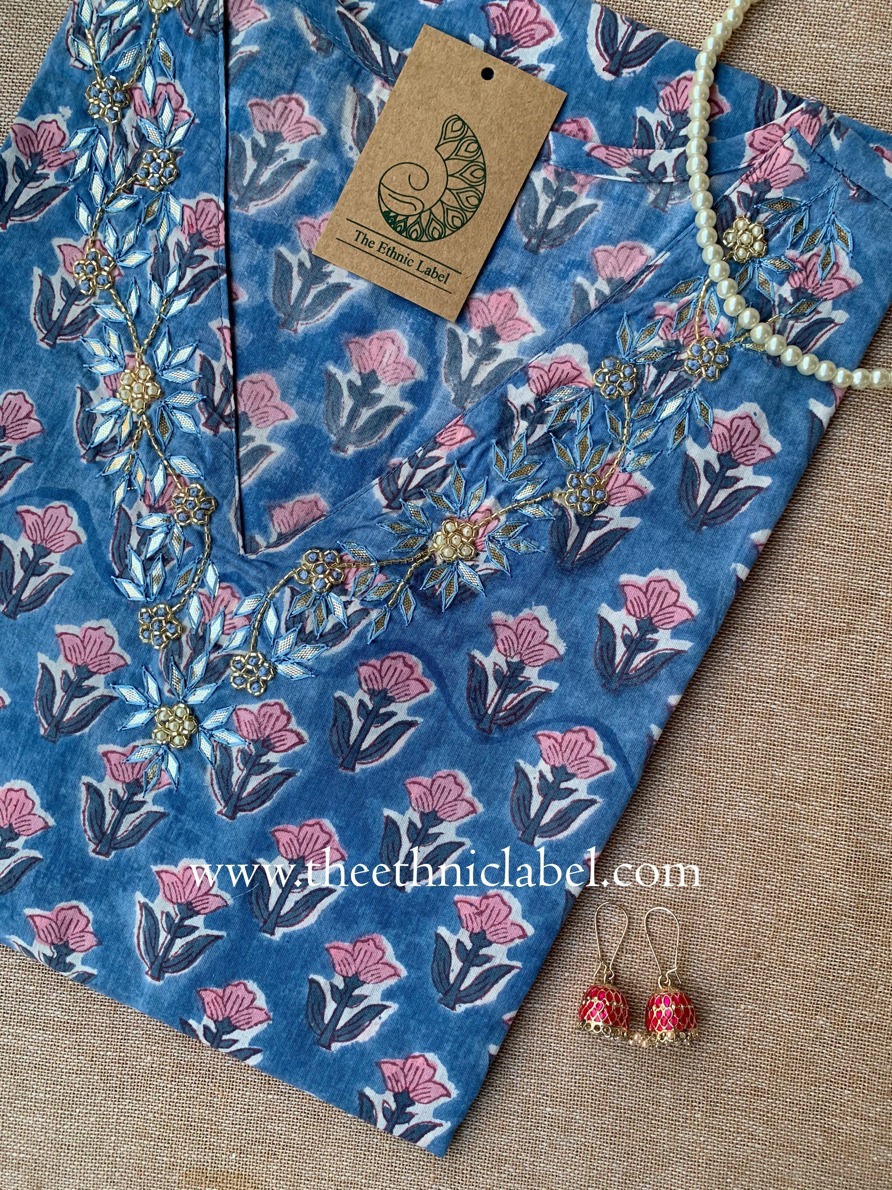 "Jinal" Hand Embroidered Block Printed Cotton kurta