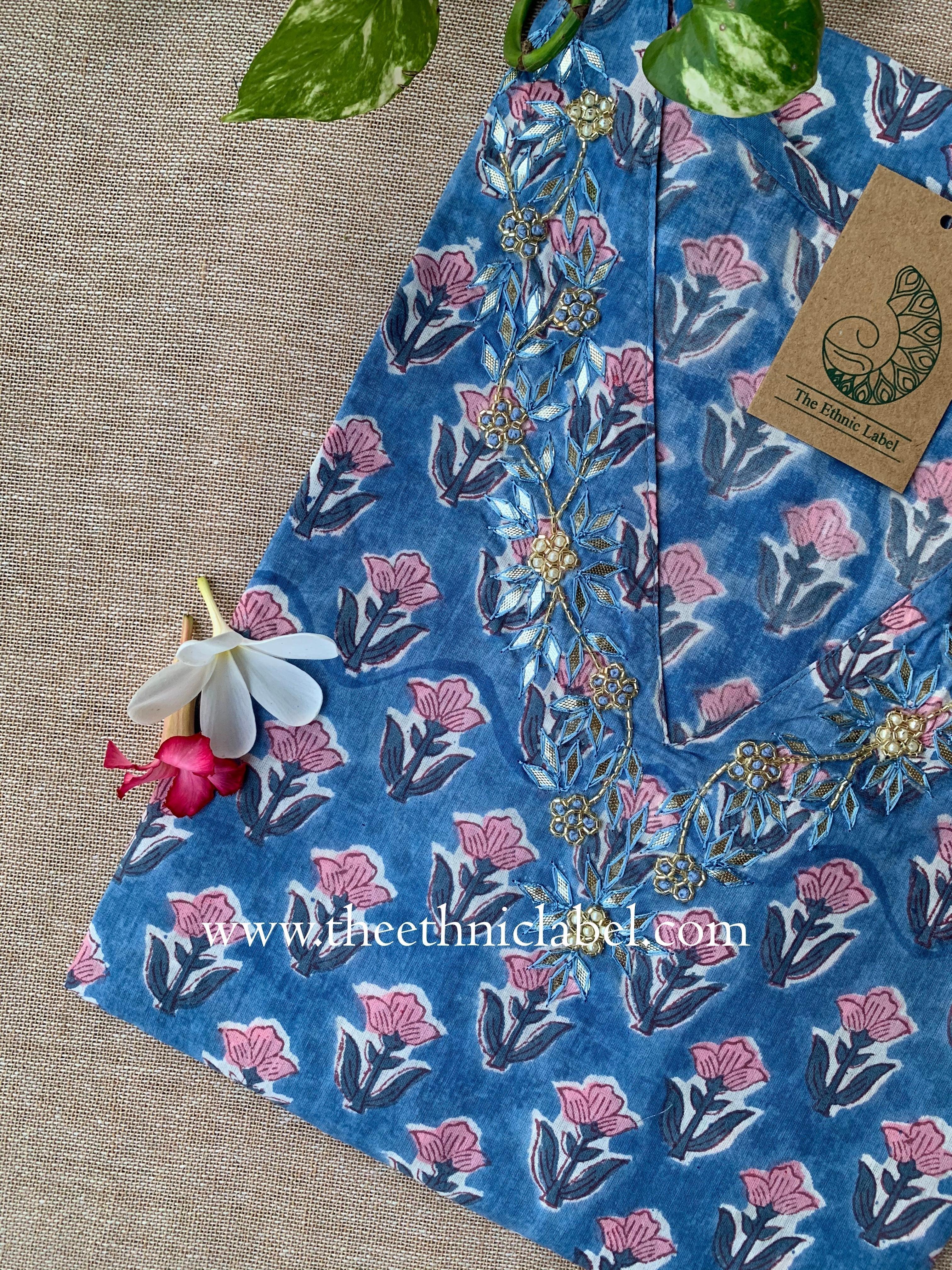 "Jinal" Hand Embroidered Block Printed Cotton kurta