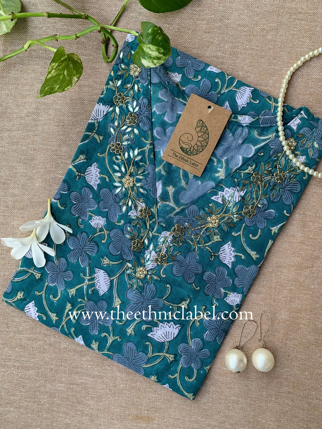 "Vachi" Hand Embroidered Block Printed Cotton kurta