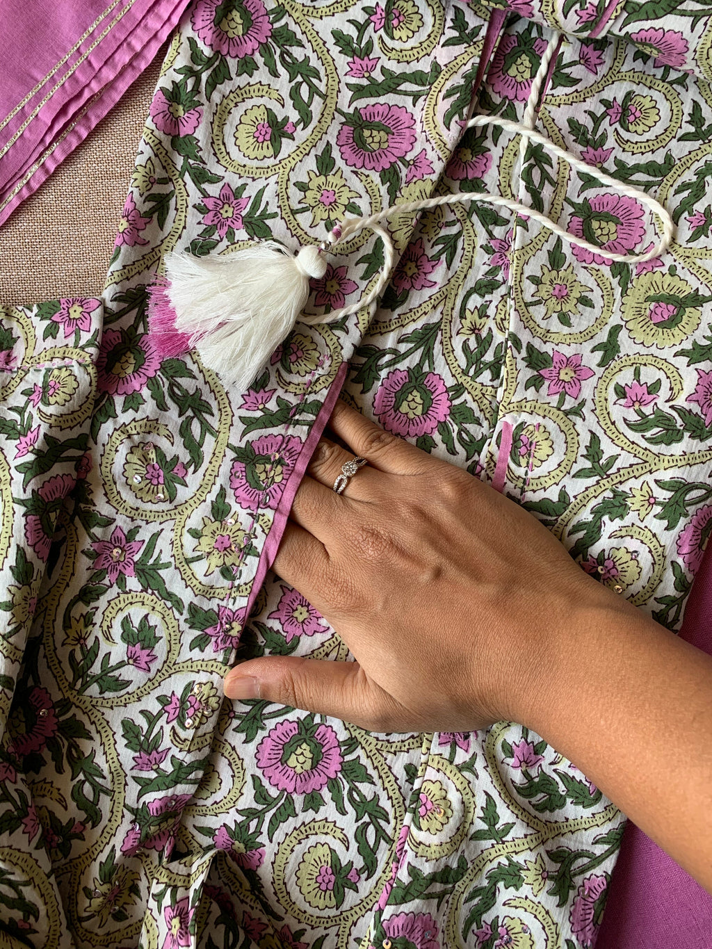 Lavender Sanganeri Jaal Kurta Pant Set - 3 pc