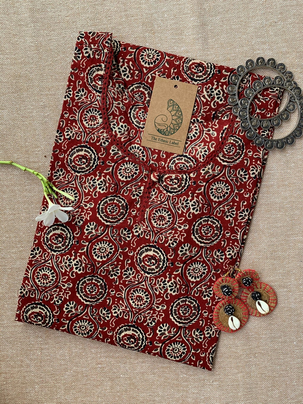 "Nida" Ajrakh Hand Block Printed Laced Cotton Kurta