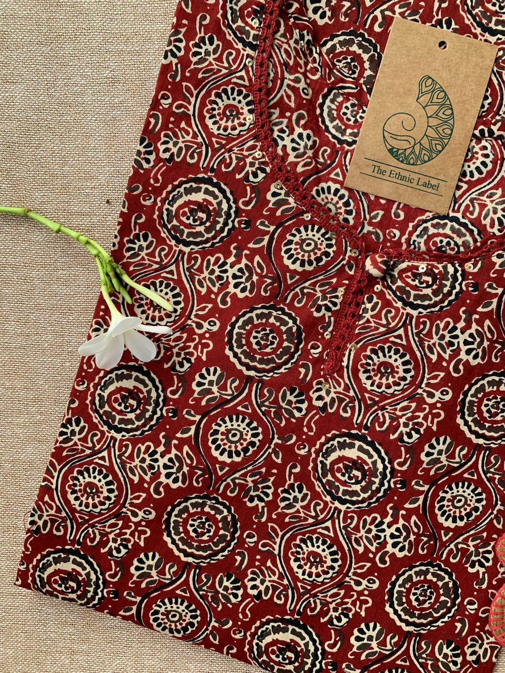 "Nida" Ajrakh Hand Block Printed Laced Cotton Kurta