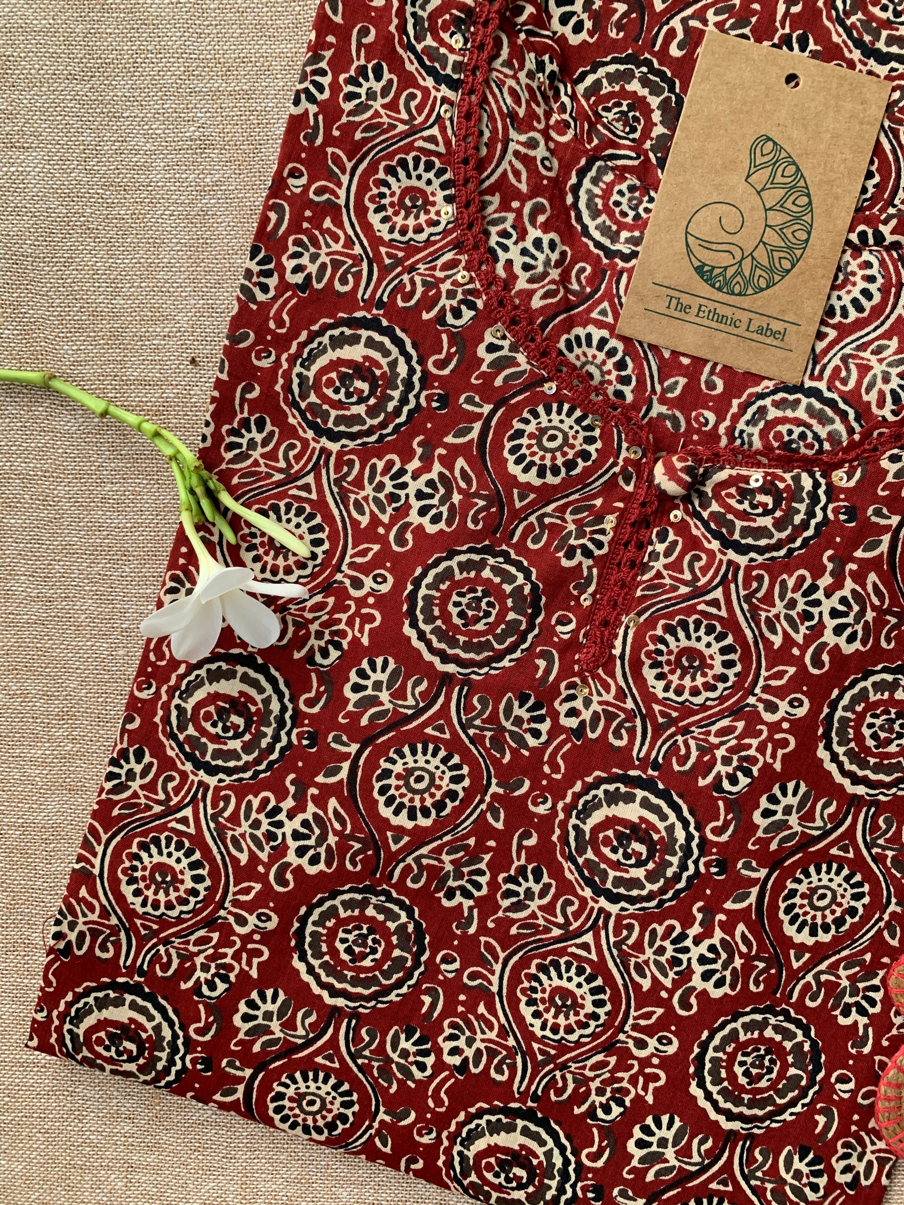 "Nida" Ajrakh Hand Block Printed Laced Cotton Kurta