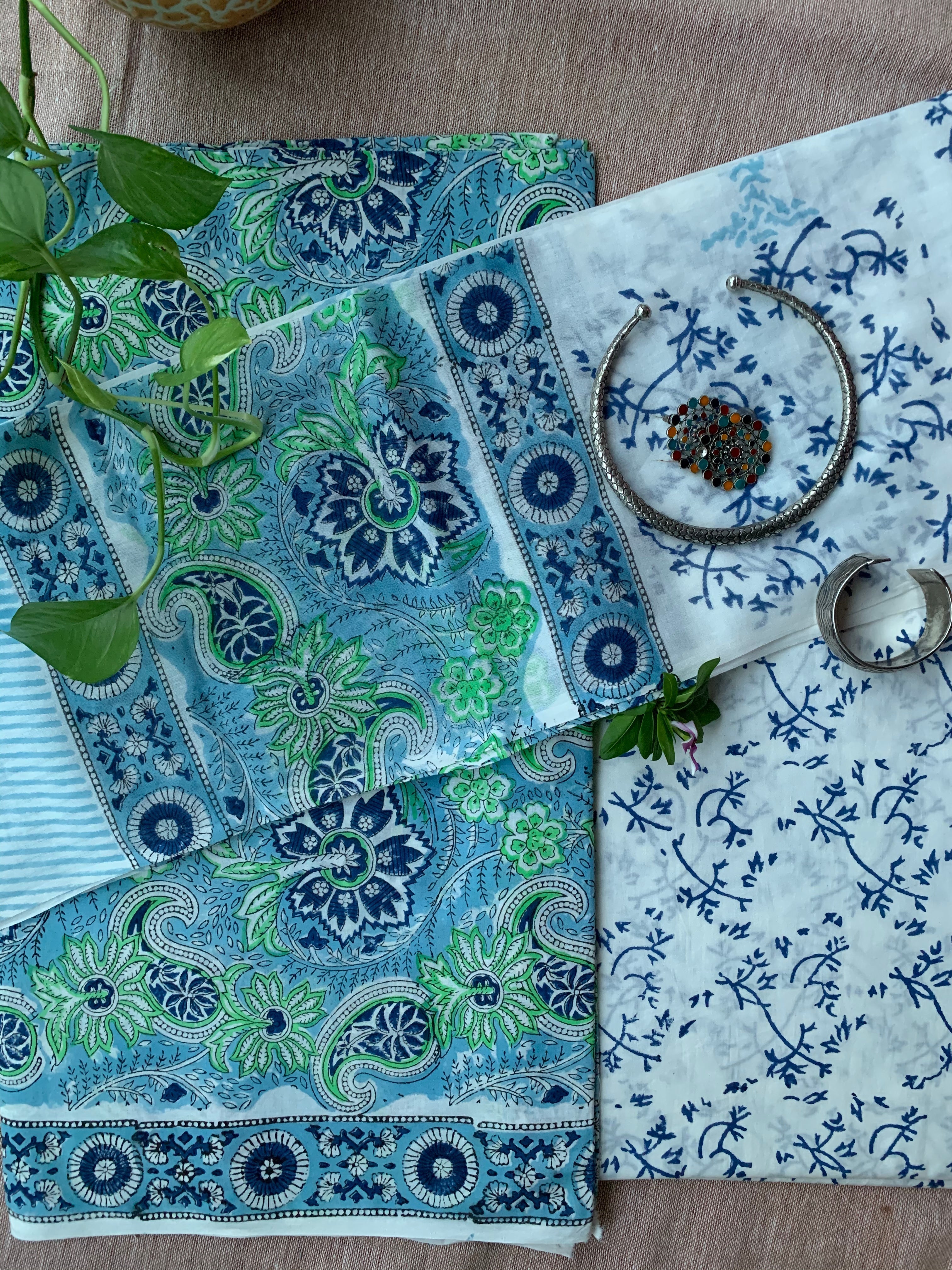 Blue-Green Unstitched Suit Set with Dupatta