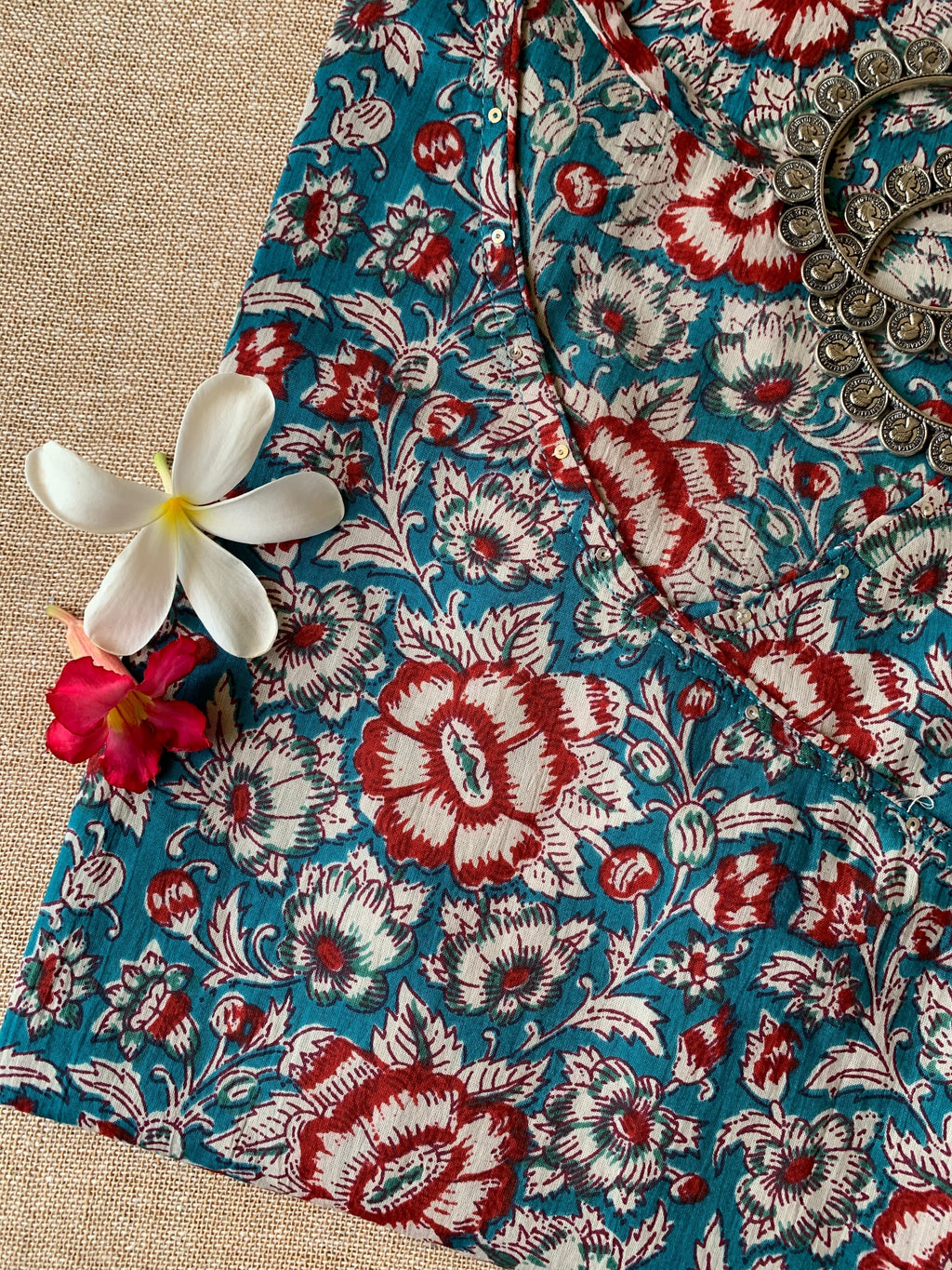 "Bahara" Blue Angrakha Cotton Kurta - Big Size
