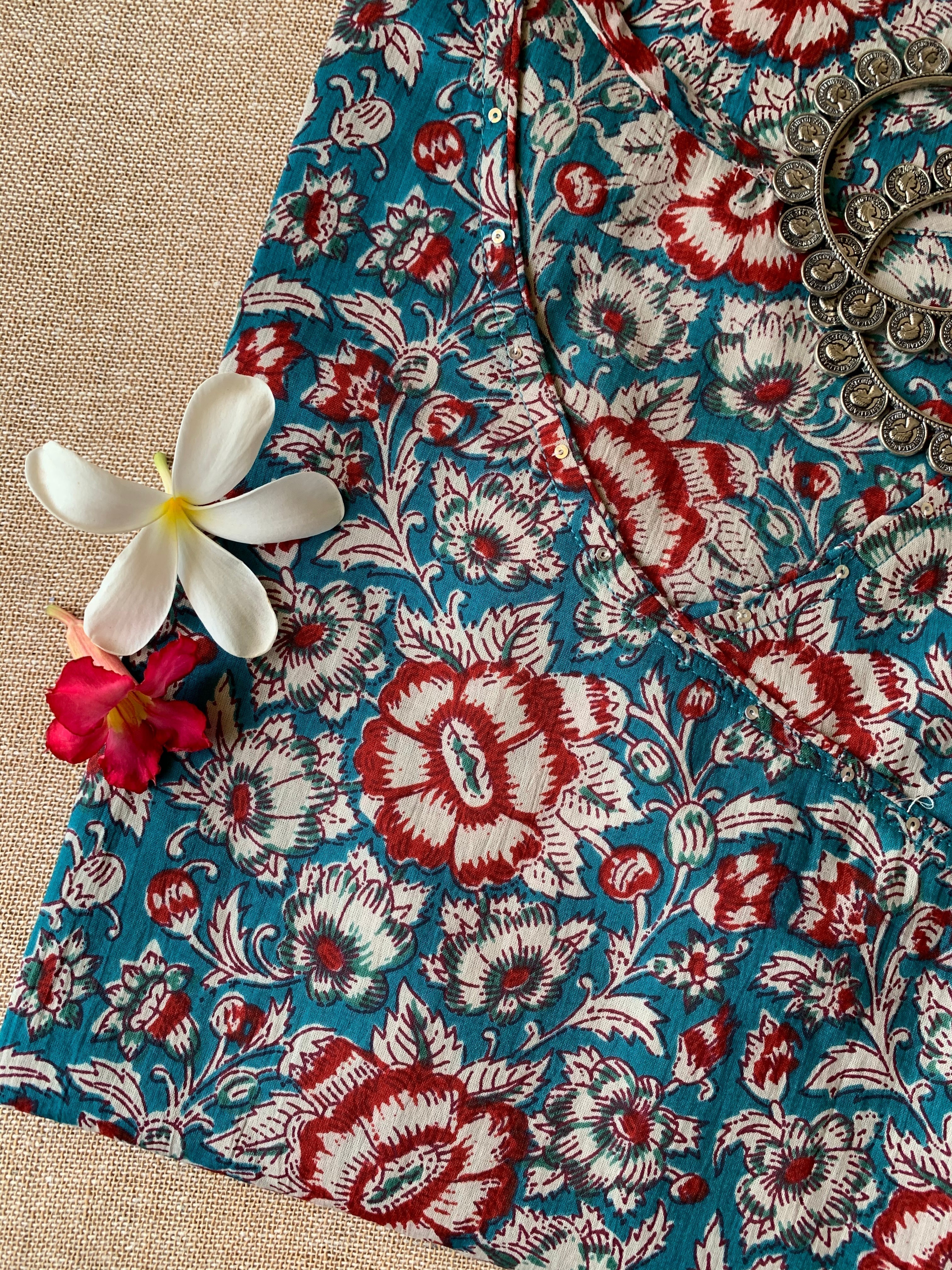 "Bahara" Blue Angrakha Cotton Kurta - Big Size