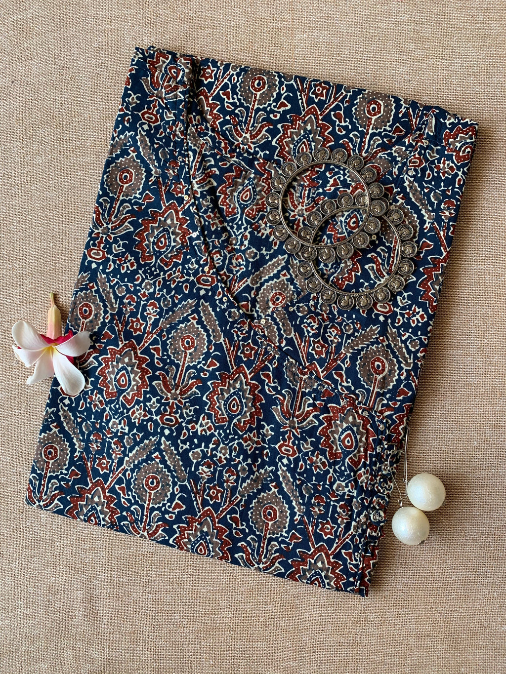 "Aabroo" Indigo ajrakh hand block printed cotton Kurta