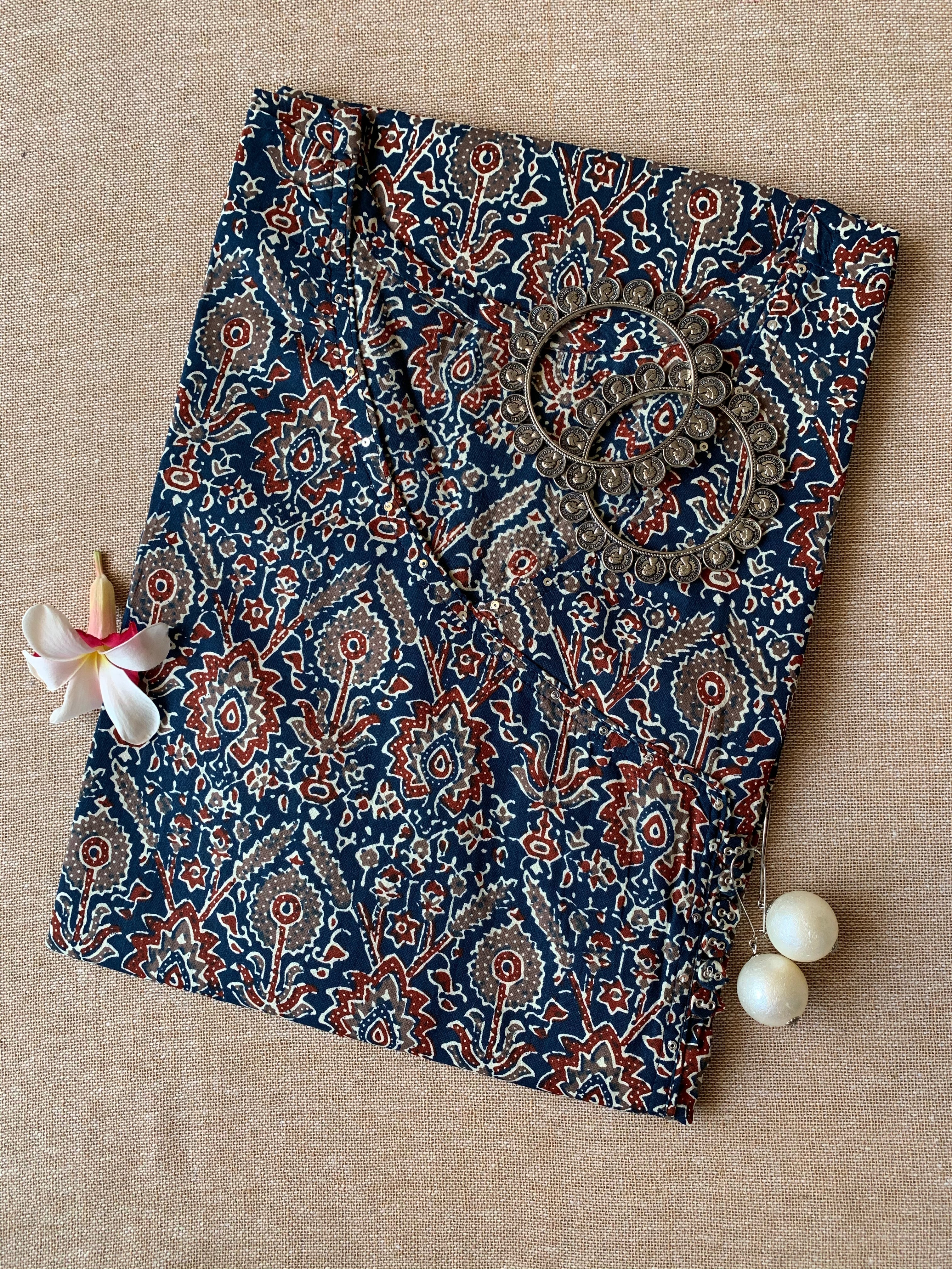 "Aabroo" Indigo ajrakh hand block printed cotton Kurta