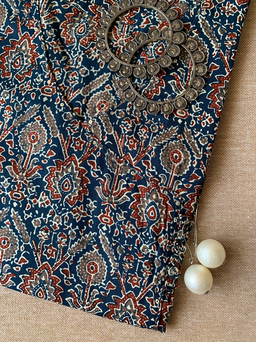"Aabroo" Indigo ajrakh hand block printed cotton Kurta
