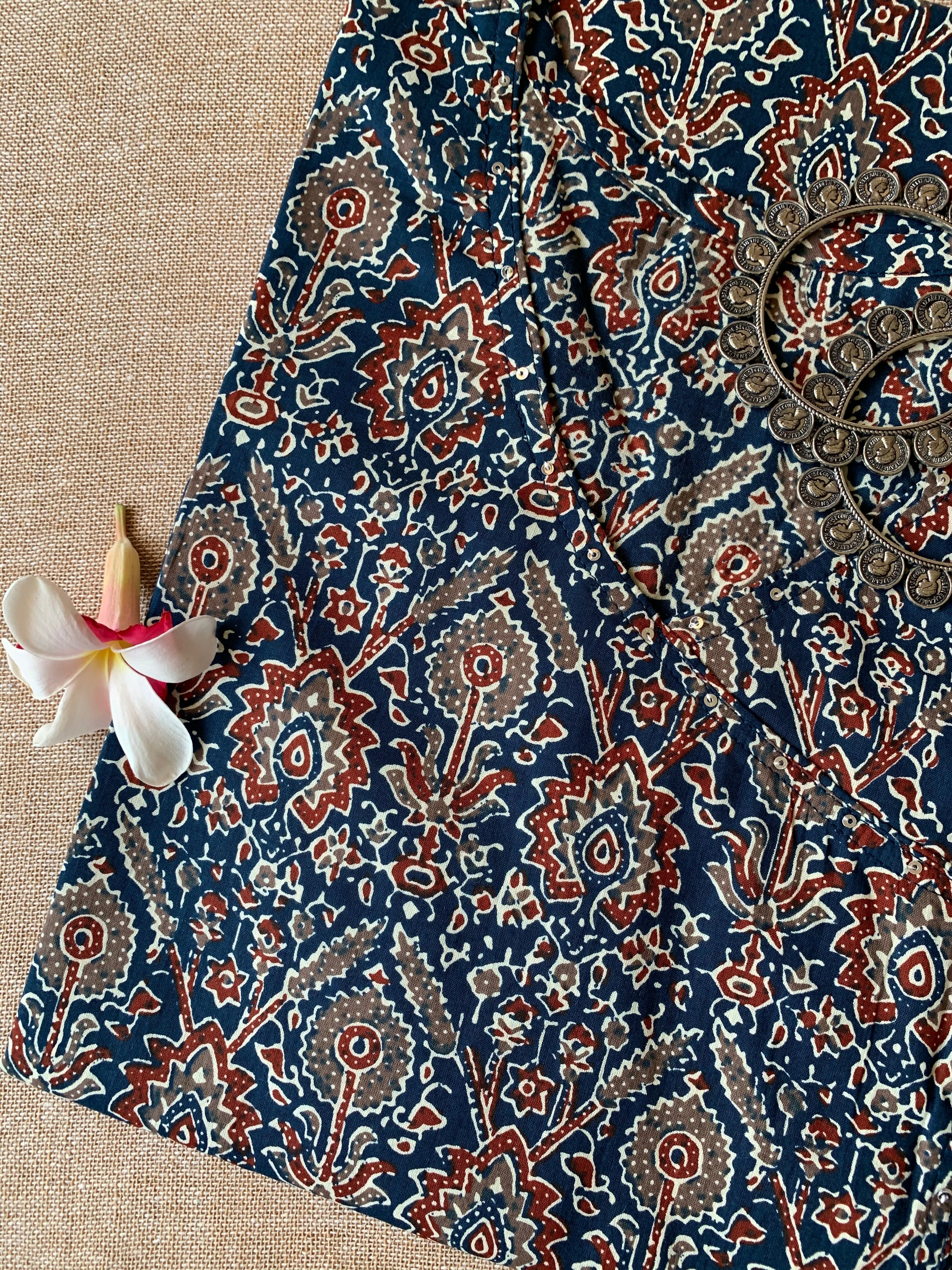 "Aabroo" Indigo ajrakh hand block printed cotton Kurta