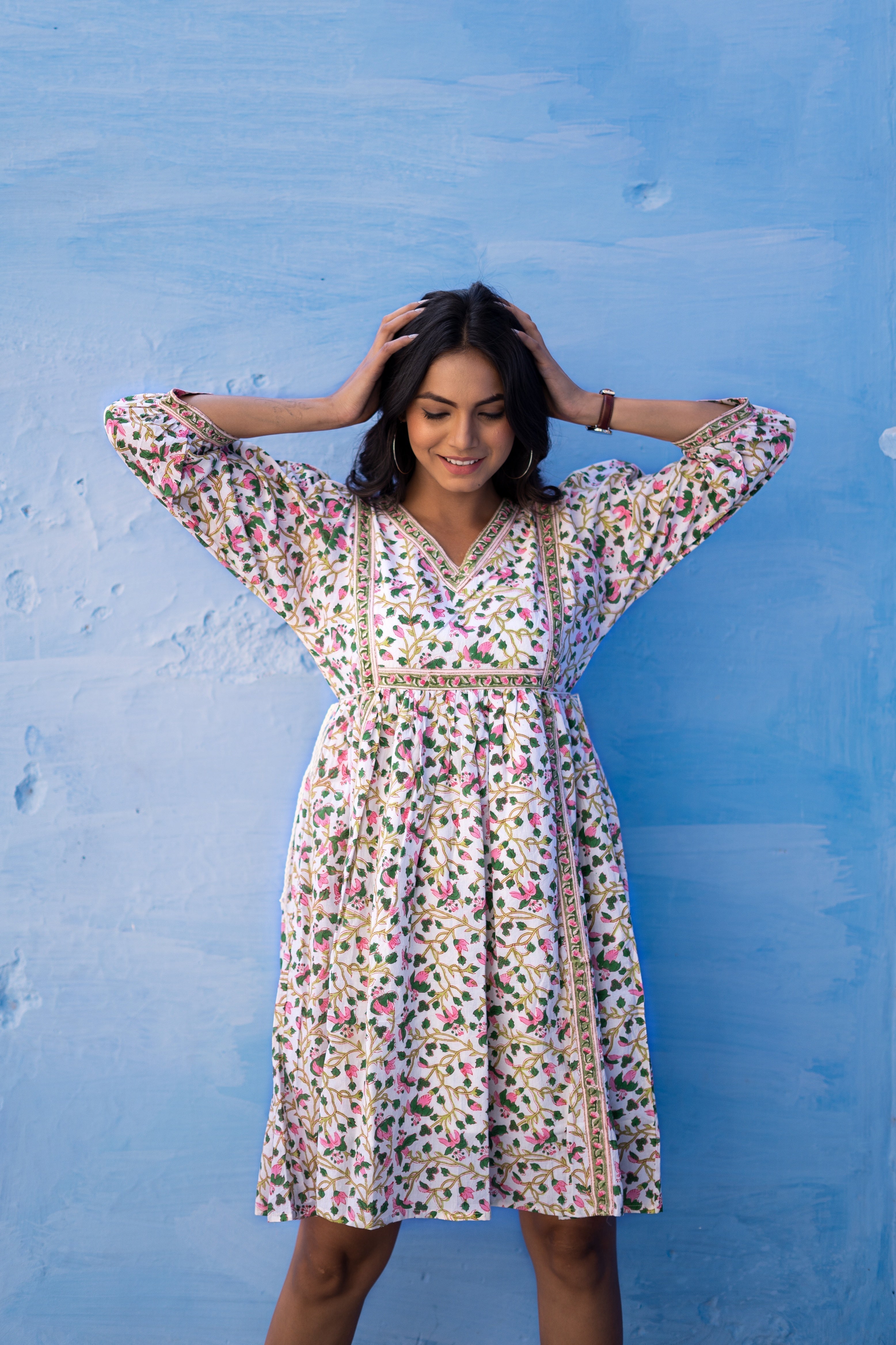 White Mughal ‘Marvel’ Hand Block Printed Cotton Dress