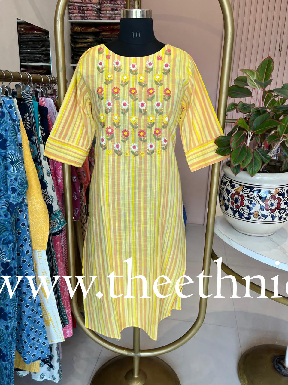 "Aabharan" Yellow Embroidered Cotton kurta