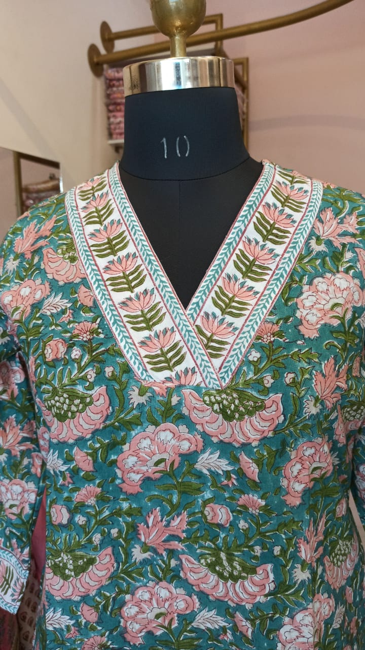 "Pranali" Floral Hand Block Printed Cotton kurta